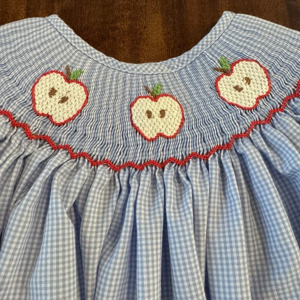 The Smockling Smocked Apple Dress Size 4 Blue Gingham Back To School - Picture 2 of 7